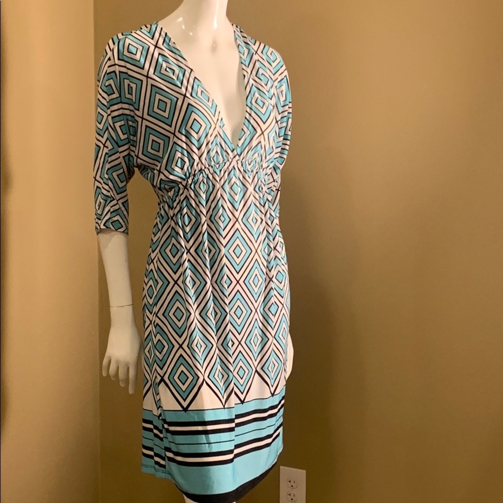 5TH & Love Geometric Patterned Dress in Blue and Black  Elastic Waist size Large